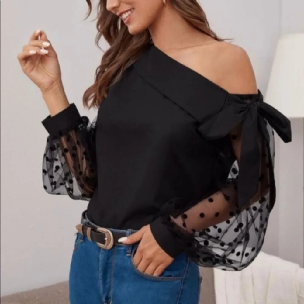 Black Polka Dot One Shoulder Sheer Sleeve Blouse - Picture 1 of 6
